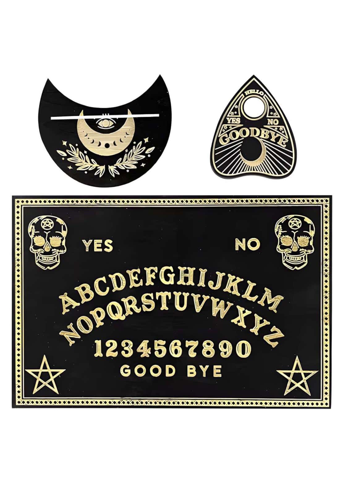 Einfache ouija-tafel mit tiefschwarzem design und goldenen schädelmotiven spirit board mit mond und goodbye schriftzug